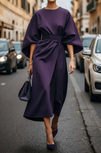 Clodagh | Women's Puff Sleeve Tailored Belted Elegant Maxi Dress in Purple