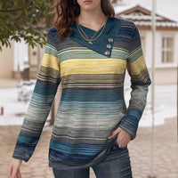 Clodagh | Women's Button Detail Striped Long Sleeve Elegant Modern Top in Green