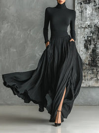 Clotilde | Women's Long Sleeve Top Maxi Skirt Two-Piece Set in Black