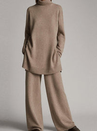 Colette | Women's Relaxed Knit Turtleneck Lounge Set Wide-Leg Trousers in Beige