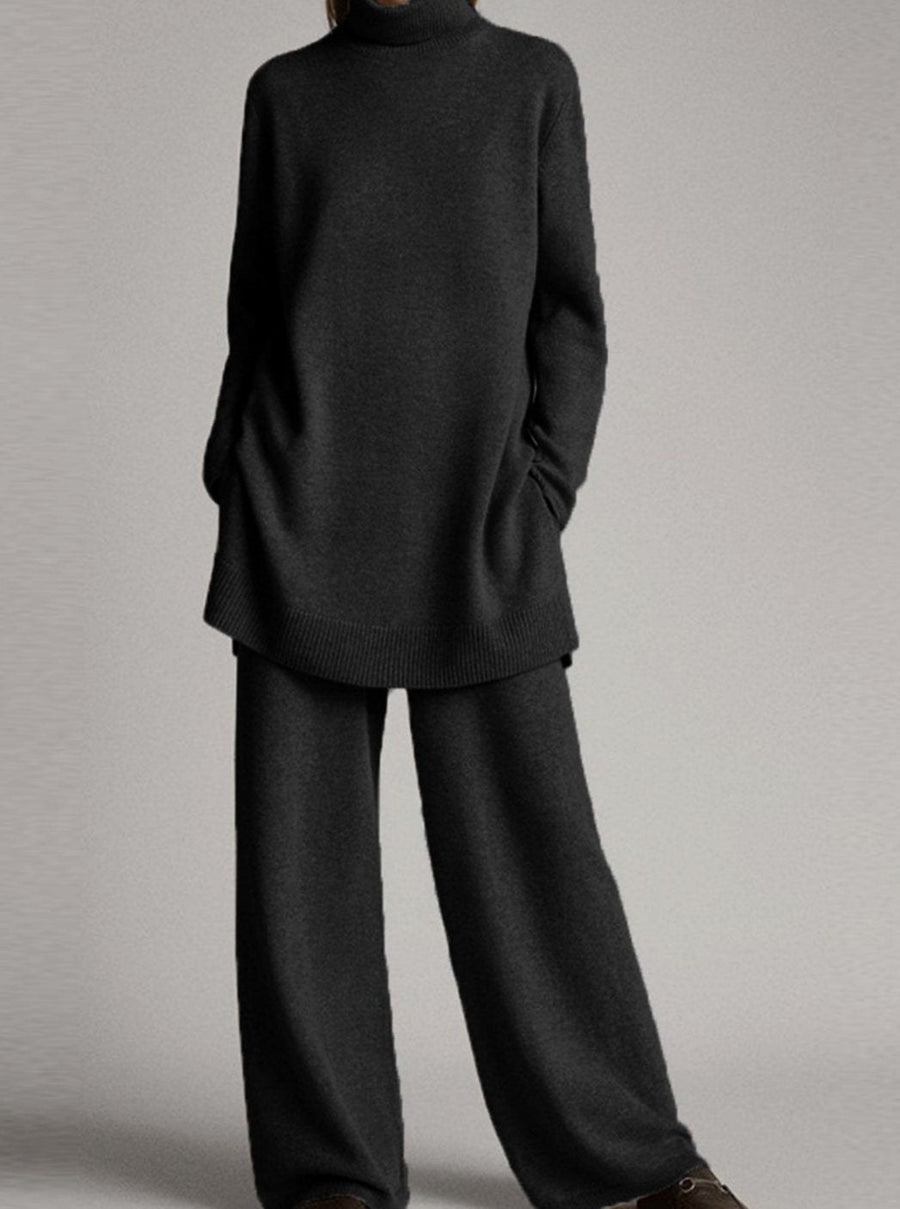 Colette | Women's Relaxed Knit Turtleneck Lounge Set Wide-Leg Trousers in Black