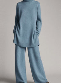 Colette | Women's Relaxed Knit Turtleneck Lounge Set Wide-Leg Trousers in Blue