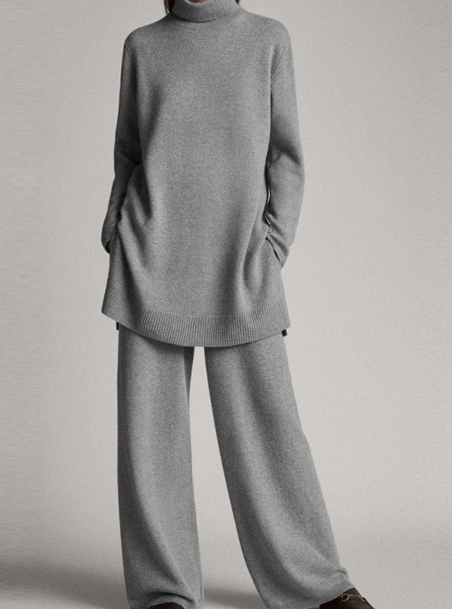 Colette | Women's Relaxed Knit Turtleneck Lounge Set Wide-Leg Trousers in Gray