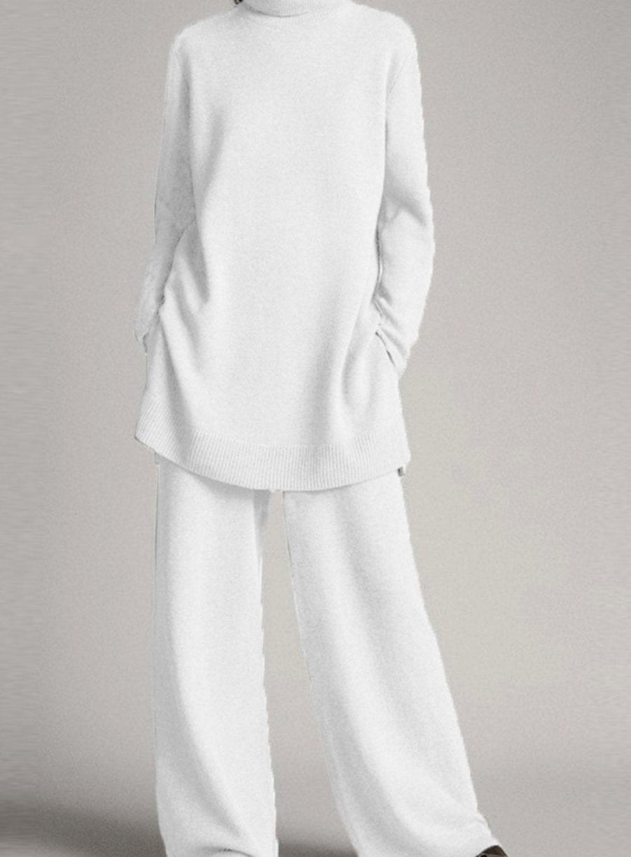 Colette | Women's Relaxed Knit Turtleneck Lounge Set Wide-Leg Trousers in White