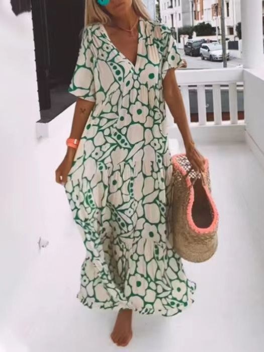 Constance | Women's V-Neck Flowing Floral Maxi Dress in Green