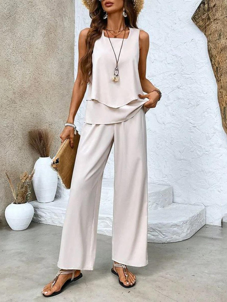Constantia | Women's Matching Top and Pants Two-Piece Set in Beige