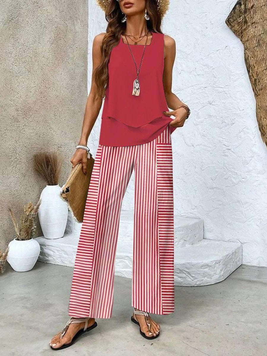 Constantia | Women's Matching Top and Pants Two-Piece Set in Red