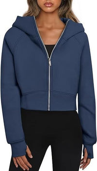 Cora | Women's Elastic Waist Zip Hooded Hoodie in Indigo Blue