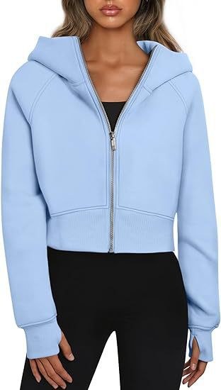 Cora | Women's Elastic Waist Zip Hooded Hoodie in Light Blue