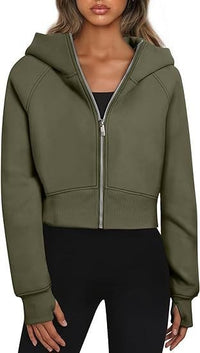Cora | Women's Elastic Waist Zip Hooded Hoodie in Olive Green
