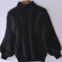 Cora | Women's Fluffy Turtleneck Loose-Fit Pullover Knit Sweater in Black