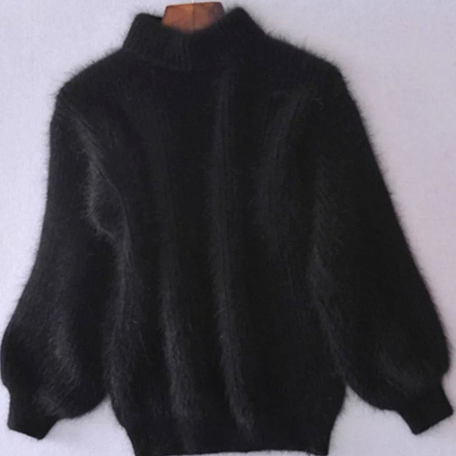 Cora | Women's Fluffy Turtleneck Loose-Fit Pullover Knit Sweater in Black