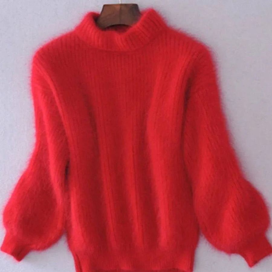 Cora | Women's Fluffy Turtleneck Loose-Fit Pullover Knit Sweater in Red