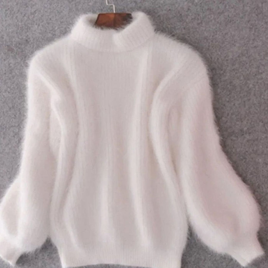 Cora | Women's Fluffy Turtleneck Loose-Fit Pullover Knit Sweater in White