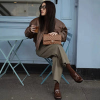 Coralie | Women's Zip Pockets Leather Jacket in Brown