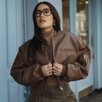 Coralie | Women's Zip Pockets Leather Jacket in Brown