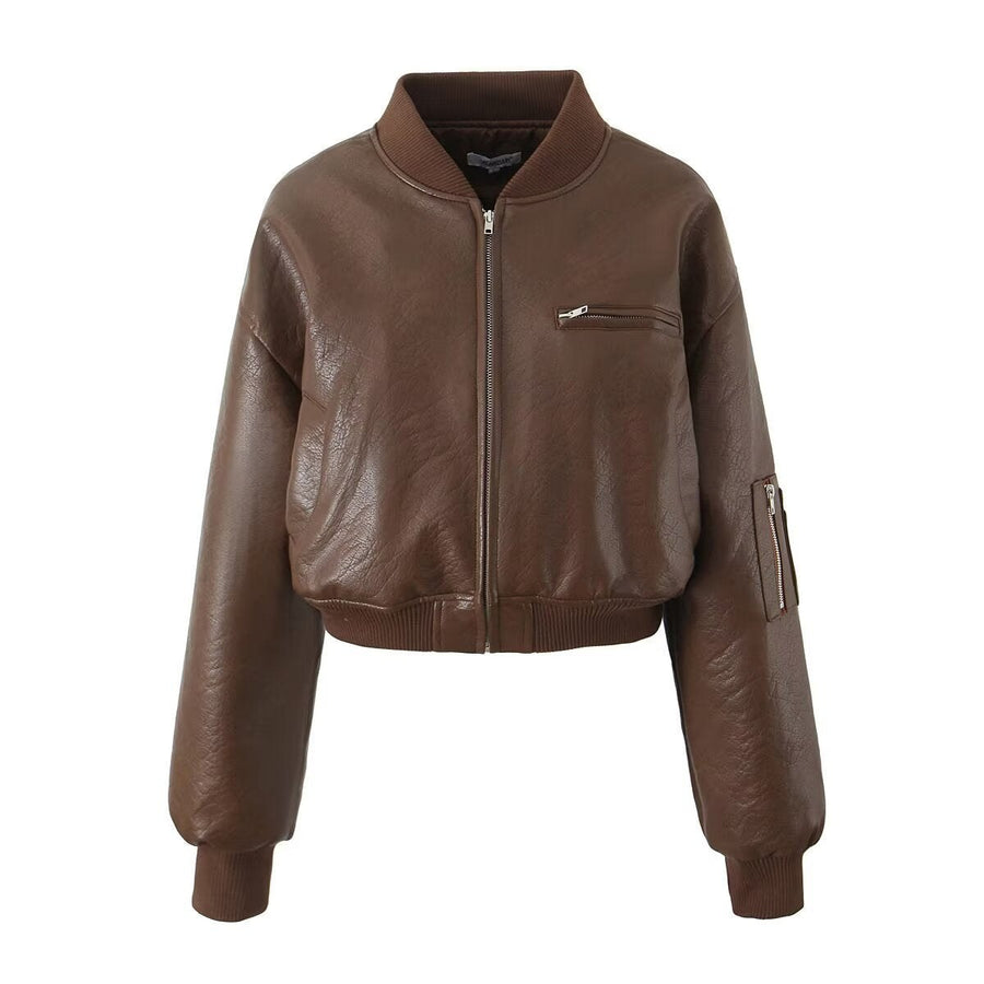 Coralie | Women's Zip Pockets Leather Jacket in Brown