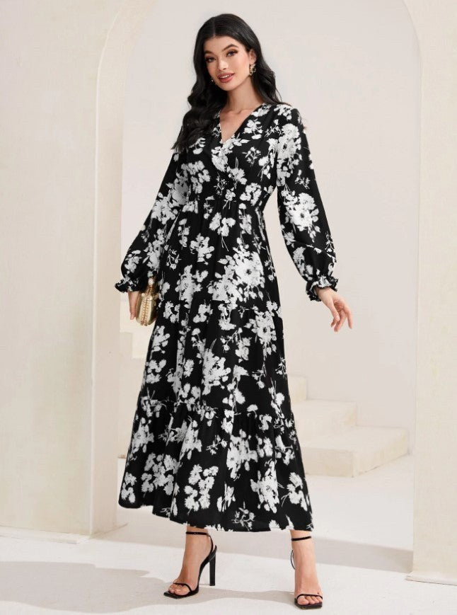 Corinne | Women's V-Neck Floral Elegant Maxi Dress in Black