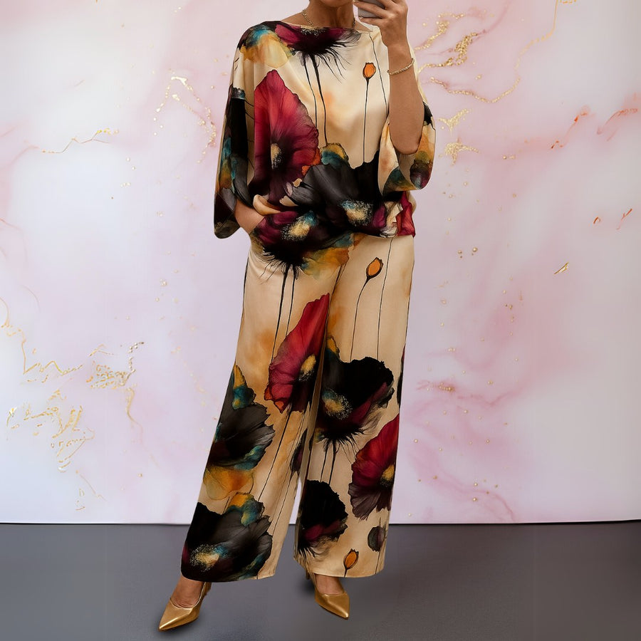 Corisande | Women's Printed Top Wide Pants Two-Piece Set in Black