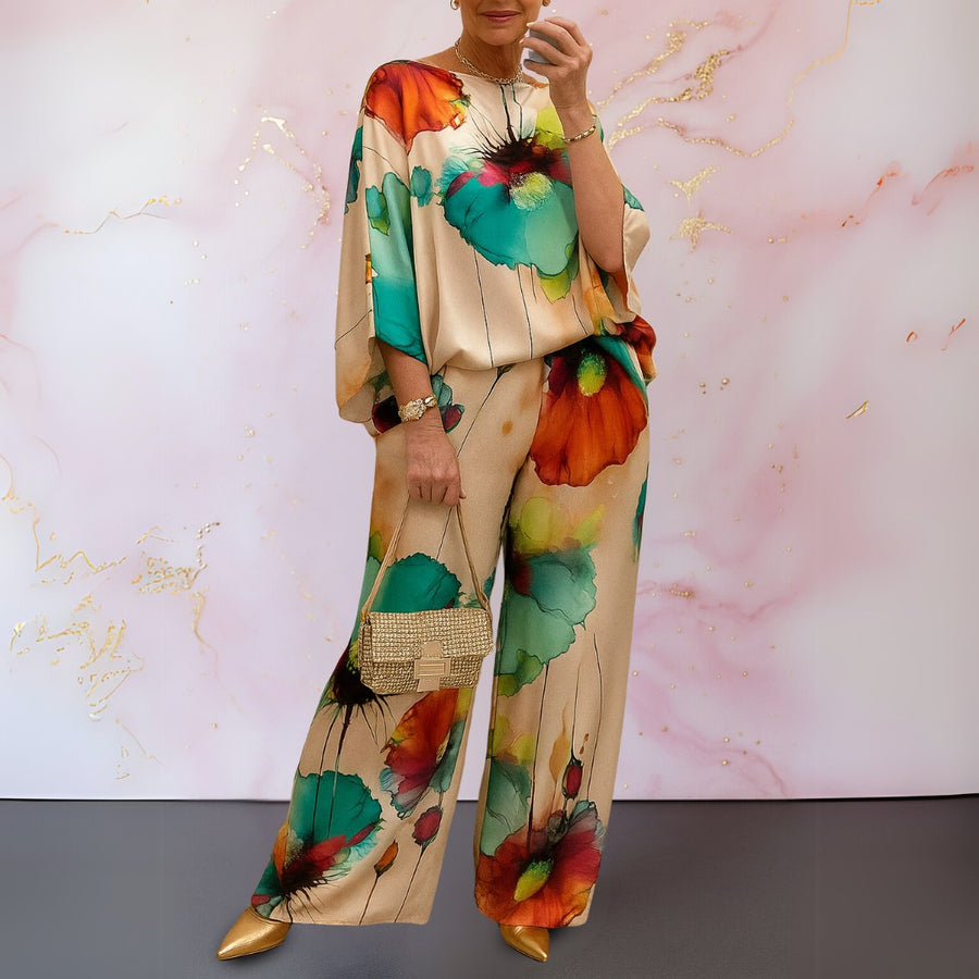 Corisande | Women's Printed Top Wide Pants Two-Piece Set in Green