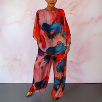 Corisande | Women's Printed Top Wide Pants Two-Piece Set in Red