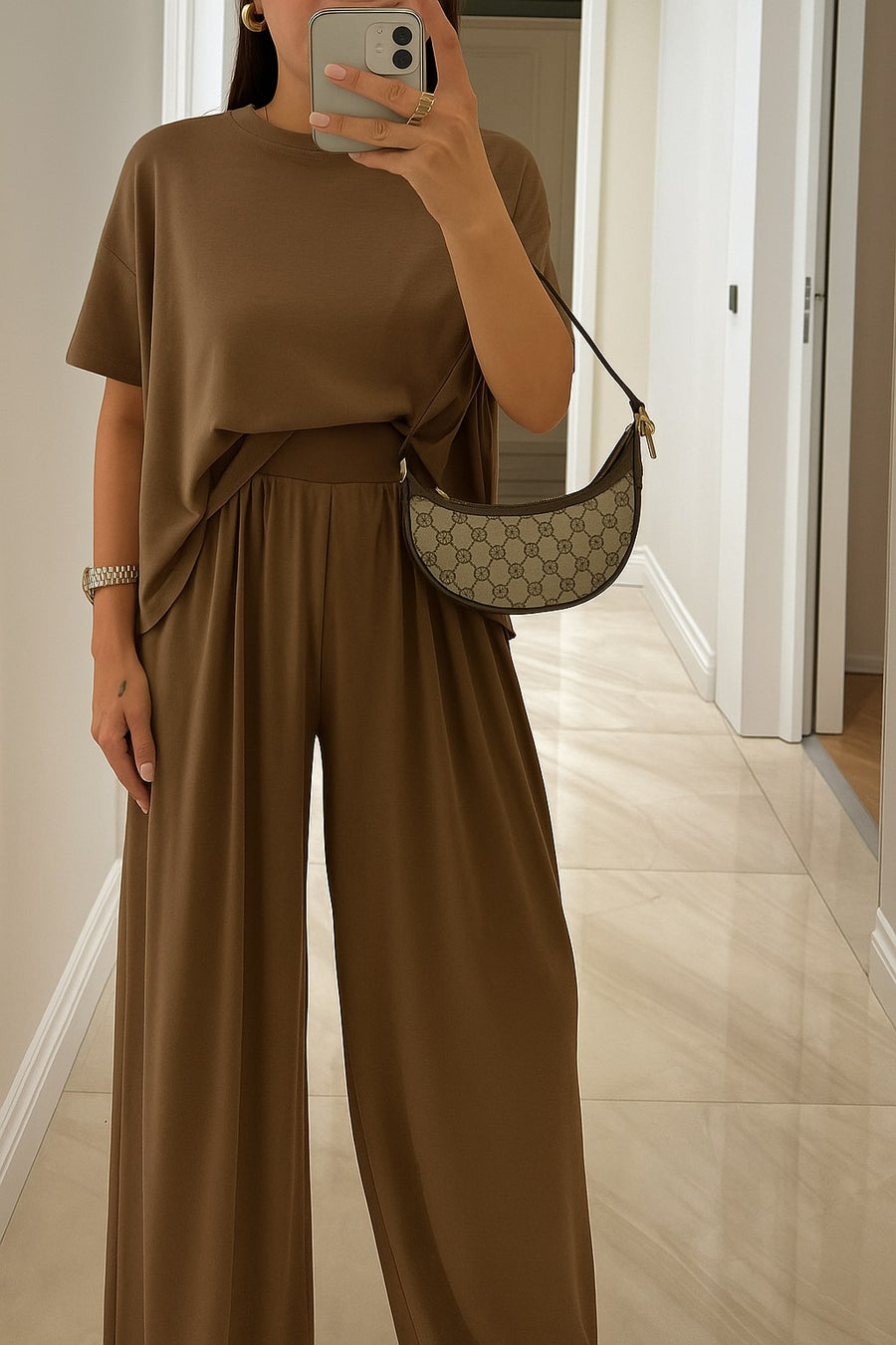 Cressa | Women's Round Neck Top Full Length Pants Two-Piece Set in Brown