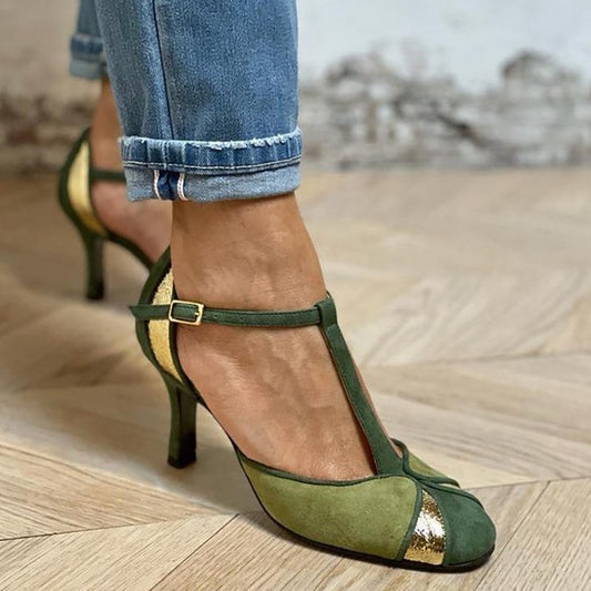 Cressida | Women's T-Strap Slim Heel Mary Jane Shoes in Green