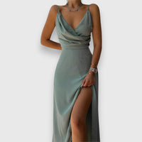Crispina | Women's V-Neck Maxi Side Slit Dress in Light Green
