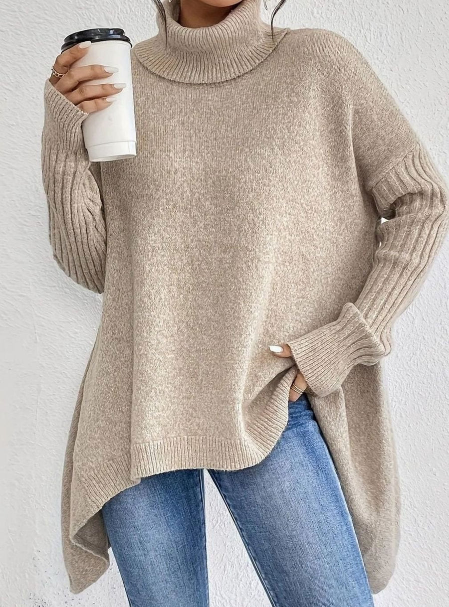 Crystal | Women's Oversized Turtleneck Longline Knit Sweater in Apricot