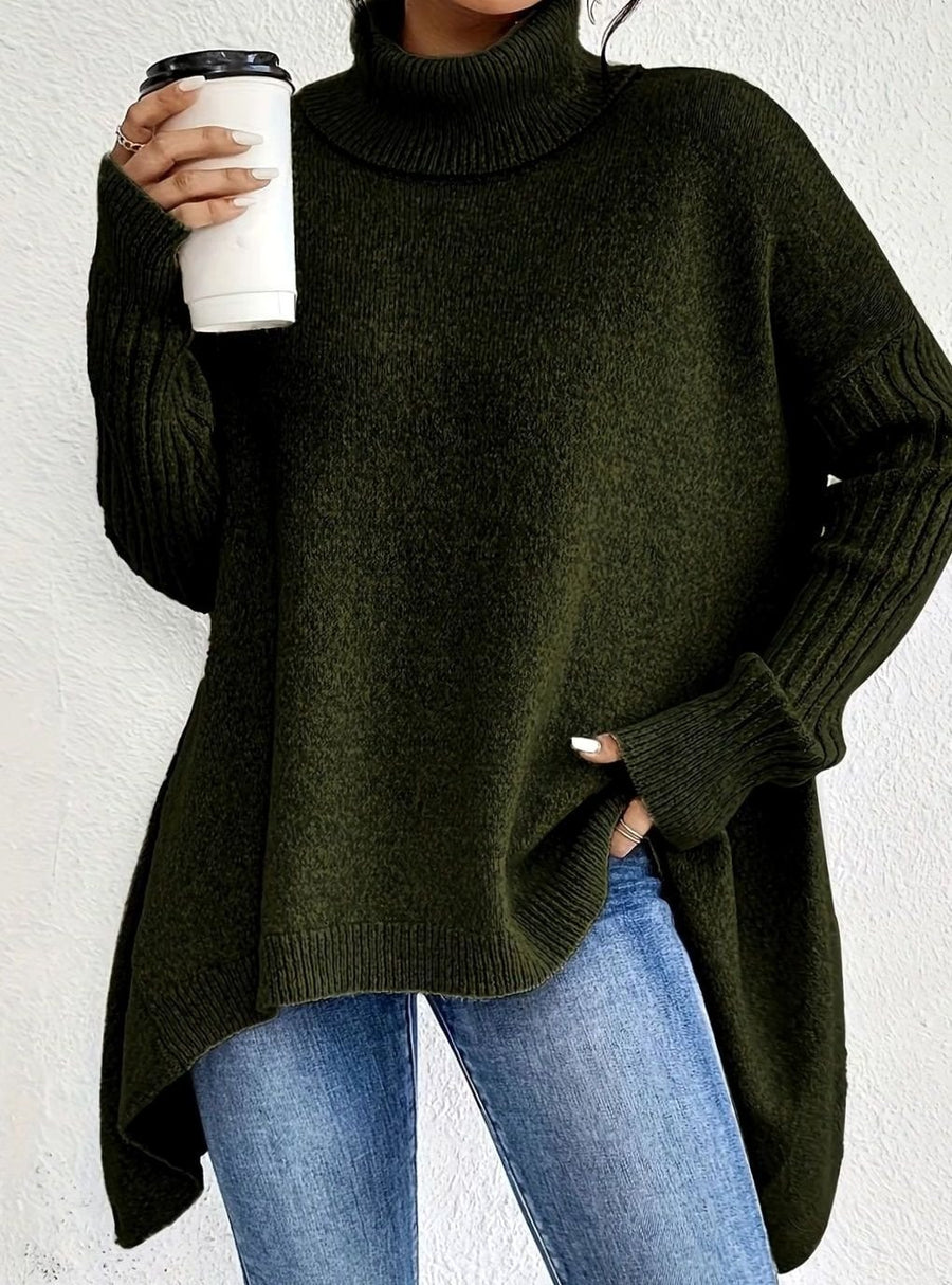 Crystal | Women's Oversized Turtleneck Longline Knit Sweater in Dark Green