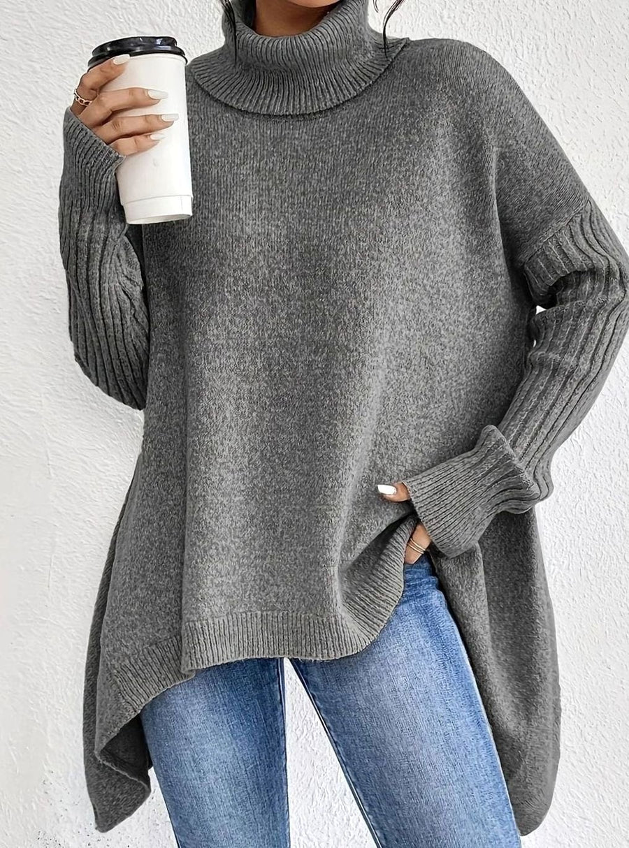 Crystal | Women's Oversized Turtleneck Longline Knit Sweater in Gray