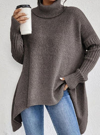 Crystal | Women's Oversized Turtleneck Longline Knit Sweater in Light Brown