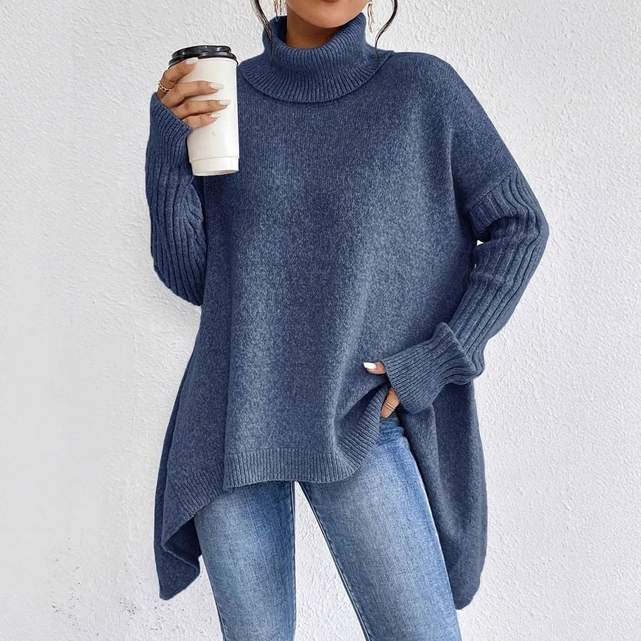 Crystal | Women's Oversized Turtleneck Longline Knit Sweater in Navy