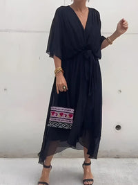 Cynara | Women's V-Neck Maxi Tie Waist Dress in Black