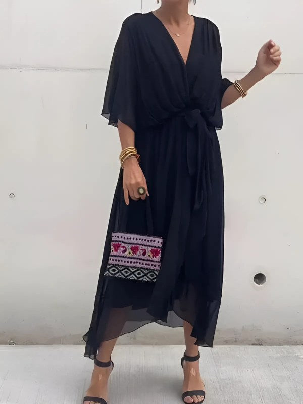 Cynara | Women's V-Neck Maxi Tie Waist Dress in Black