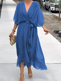 Cynara | Women's V-Neck Maxi Tie Waist Dress in Blue