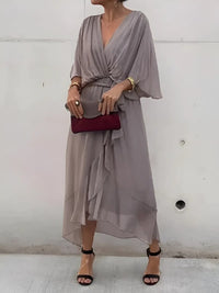 Cynara | Women's V-Neck Maxi Tie Waist Dress in Gray