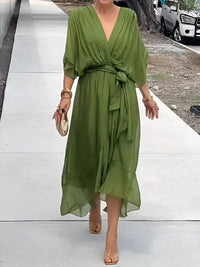Cynara | Women's V-Neck Maxi Tie Waist Dress in Green