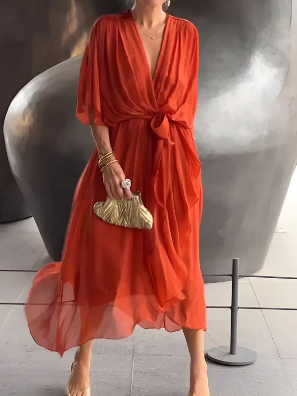 Cynara | Women's V-Neck Maxi Tie Waist Dress in Orange
