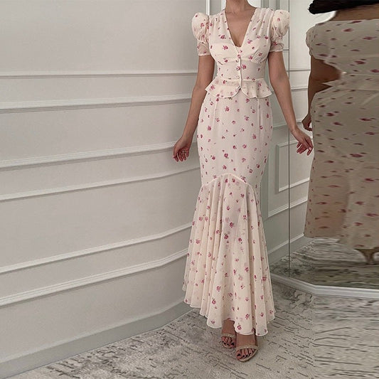 Cynthia | Women's Puff Sleeve Ruffle Elegant Maxi Dress in Light Pink