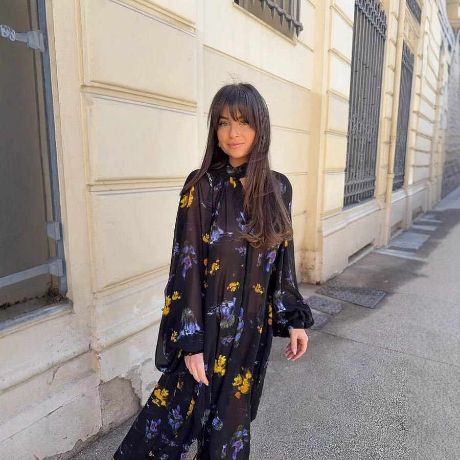 Dacia | Women's Stand Collar Floral Elegant Maxi Dress in Black