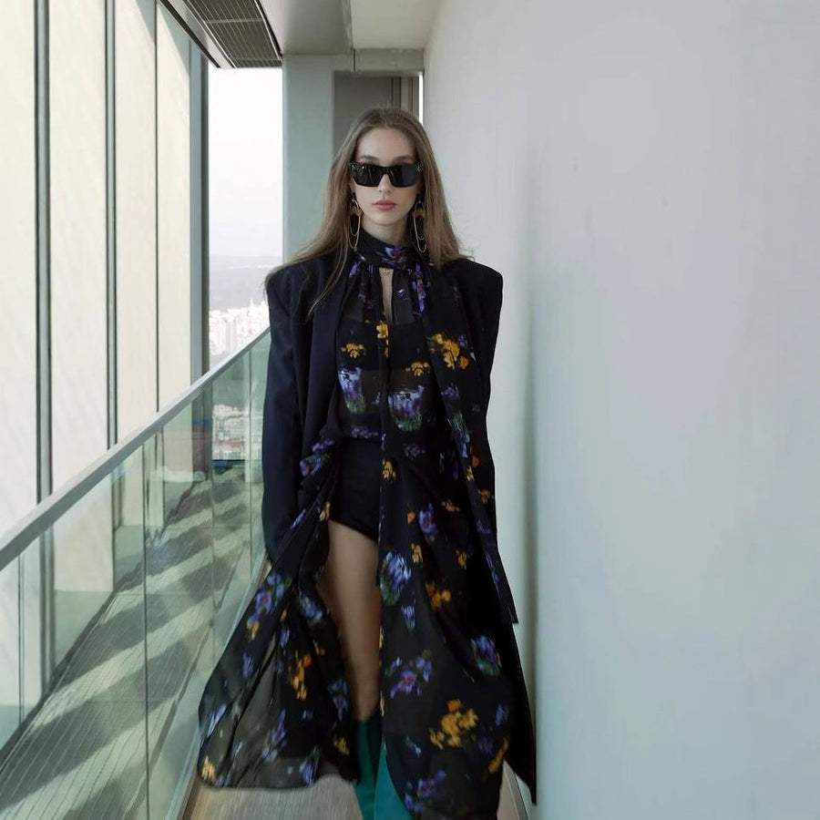 Dacia | Women's Stand Collar Floral Elegant Maxi Dress in Black