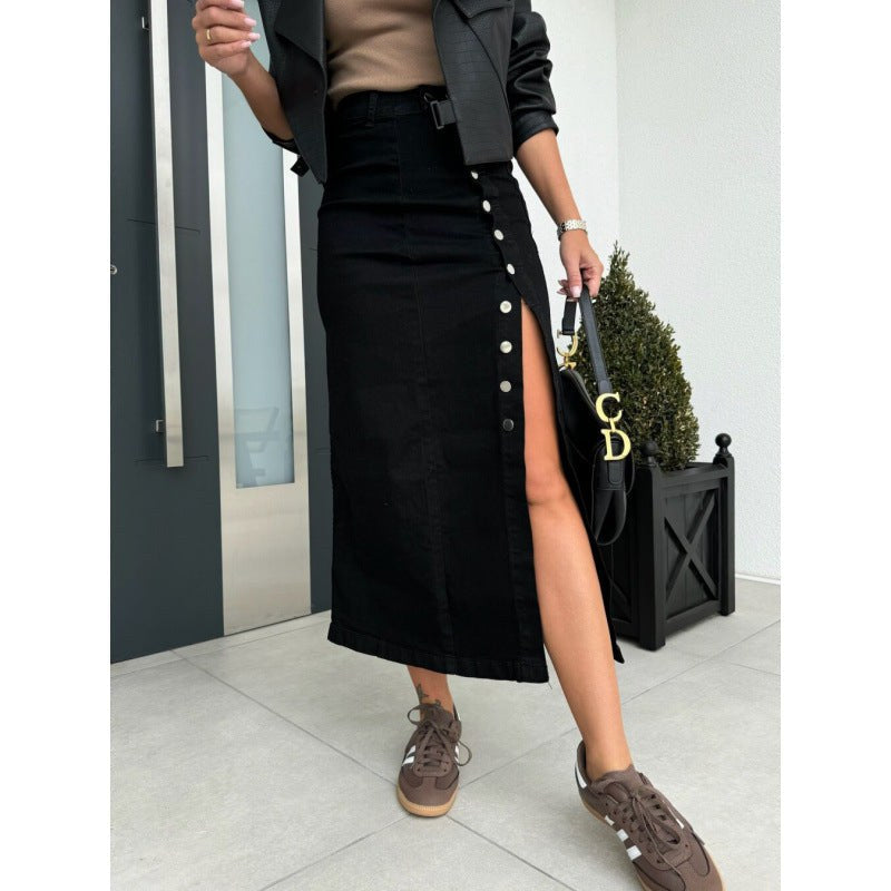 Damaris | Women's Button Detail Slit Skirt – Maxi Skirt in Black