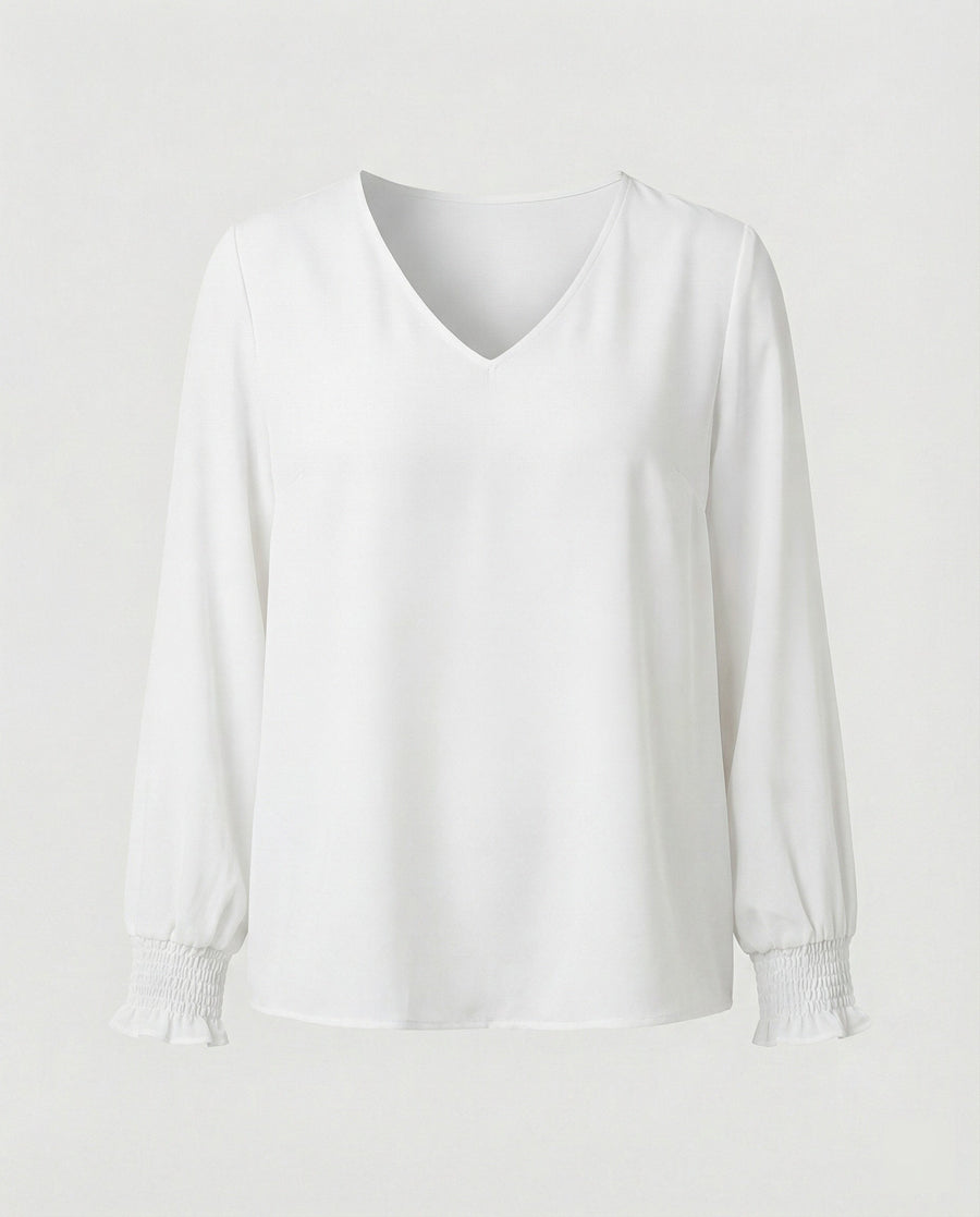 Damaris | Women's V-Neck Voluminous Elegant Blouse in White