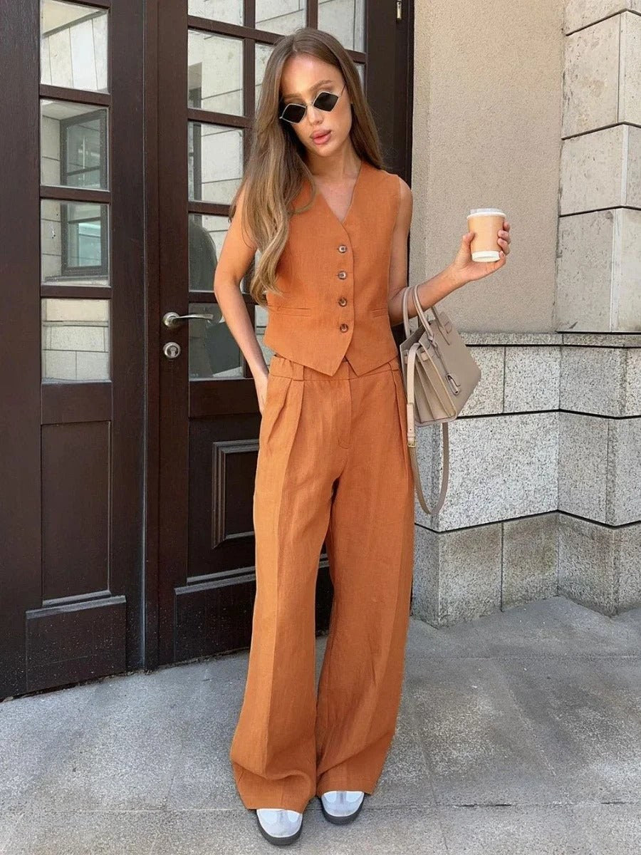 Damiana | Women's Sleeveless Vest Wide Leg Pants Two-Piece Set in Orange