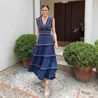 Danica | Women's Ruffle Detail V-Neck Elegant Maxi Dress in Dark Blue