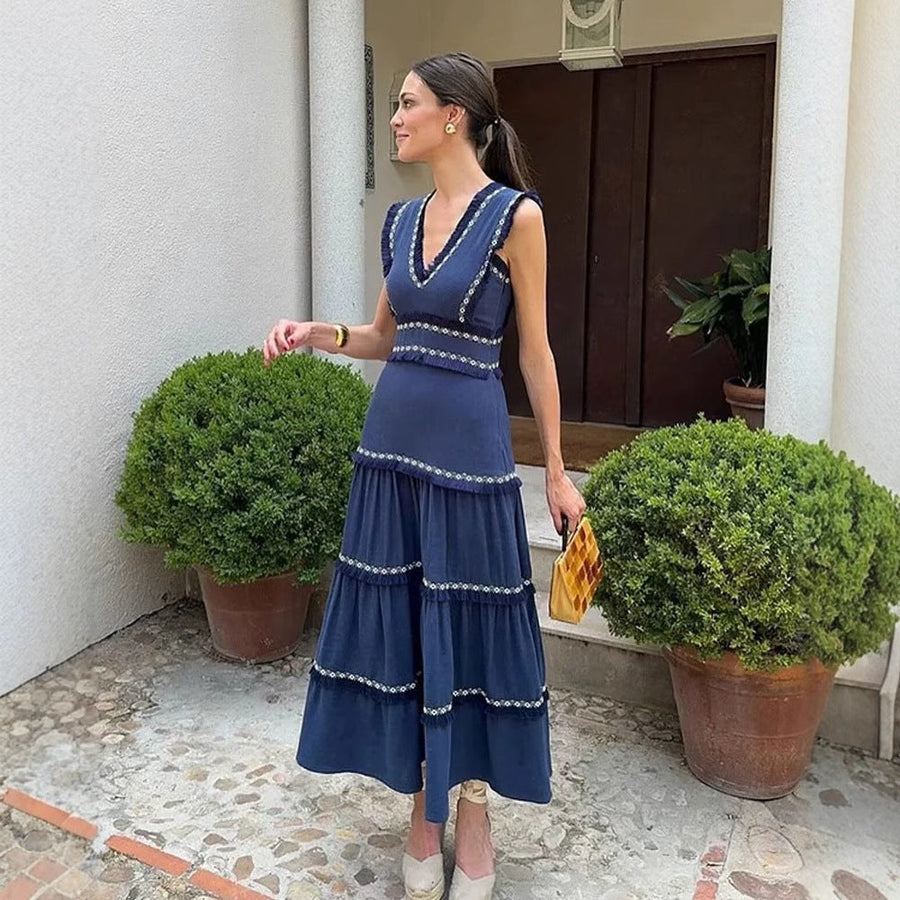Danica | Women's Ruffle Detail V-Neck Elegant Maxi Dress in Dark Blue