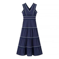Danica | Women's Ruffle Detail V-Neck Elegant Maxi Dress in Dark Blue