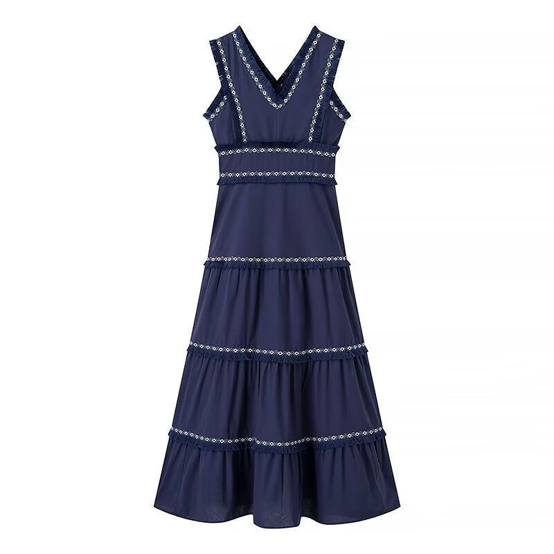 Danica | Women's Ruffle Detail V-Neck Elegant Maxi Dress in Dark Blue