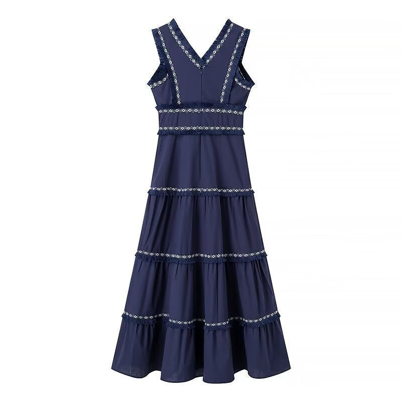 Danica | Women's Ruffle Detail V-Neck Elegant Maxi Dress in Dark Blue